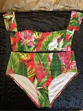 NWOT Tropical Floral Off-Shoulder High-Waist Bikini - Red & Green L